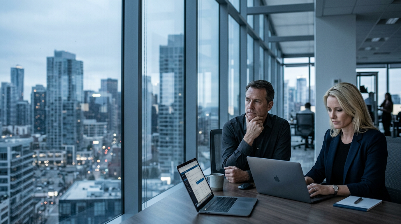 Two executives reviewing work in a glass-walled office