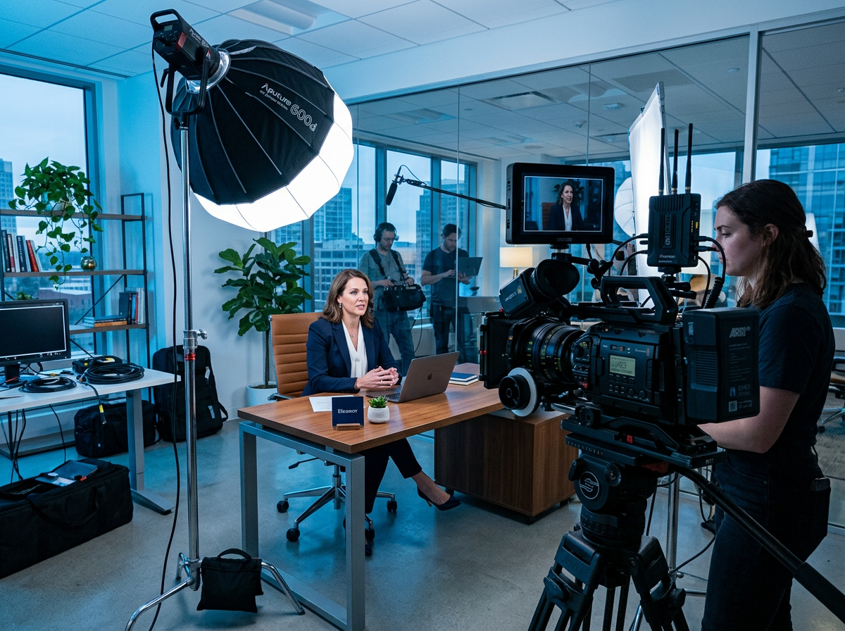 Cinema camera filming a brand interview in an office